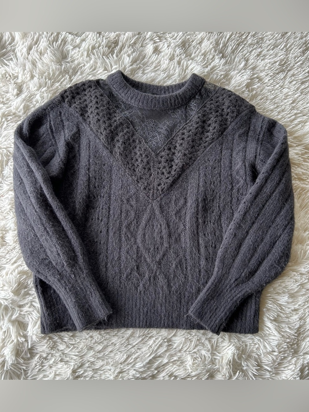 Express | Dark Charcoal Lace-Panel Crewneck Sweater - Picture 2 of 5